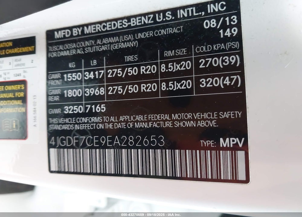 2014 MERCEDES-BENZ GL-CLASS VIN: 4JGDF7CE9EA282653