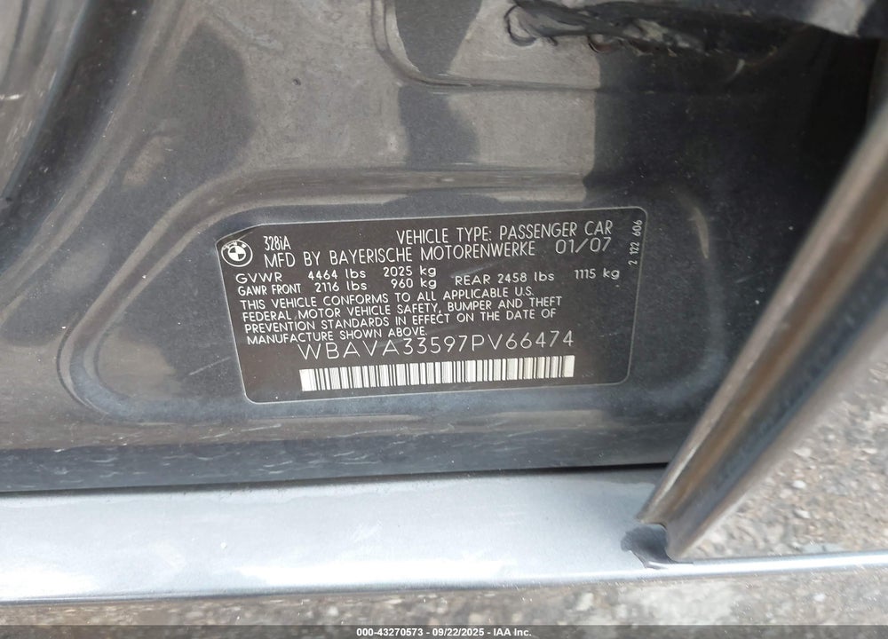 2007 BMW 3 SERIES VIN: WBAVA33597PV66474