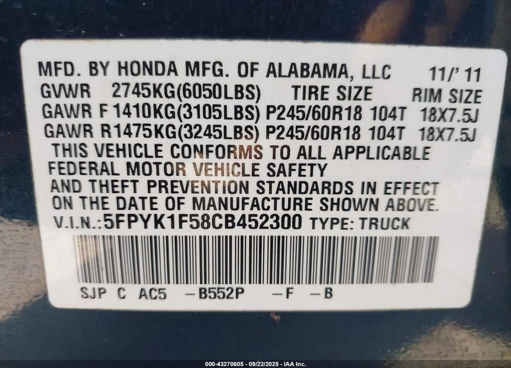 2012 HONDA RIDGELINE VIN: 5FPYK1F58CB452300