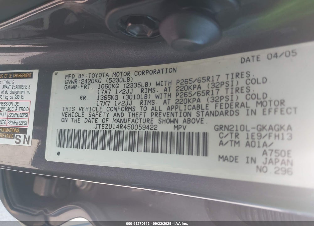 2005 TOYOTA 4RUNNER SR5 SPORT V6 VIN: JTEZU14R450059422