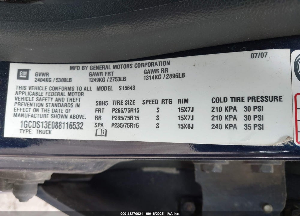 2008 CHEVROLET COLORADO VIN: 1GCDS13E088116532