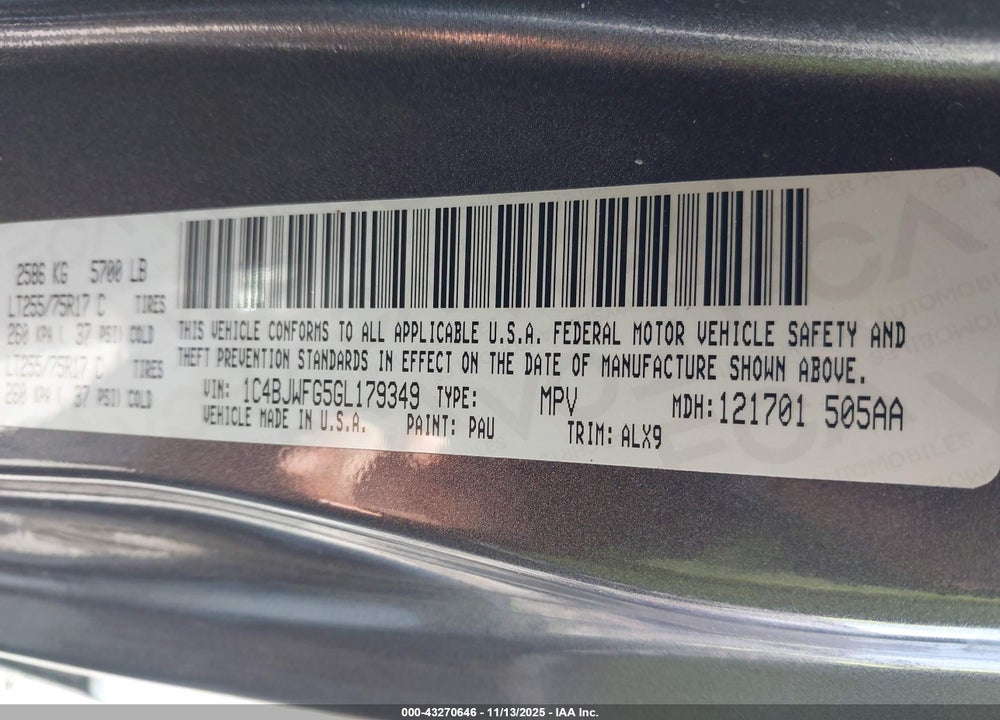 2016 JEEP WRANGLER UNLIMITED VIN: 1C4BJWFG5GL179349