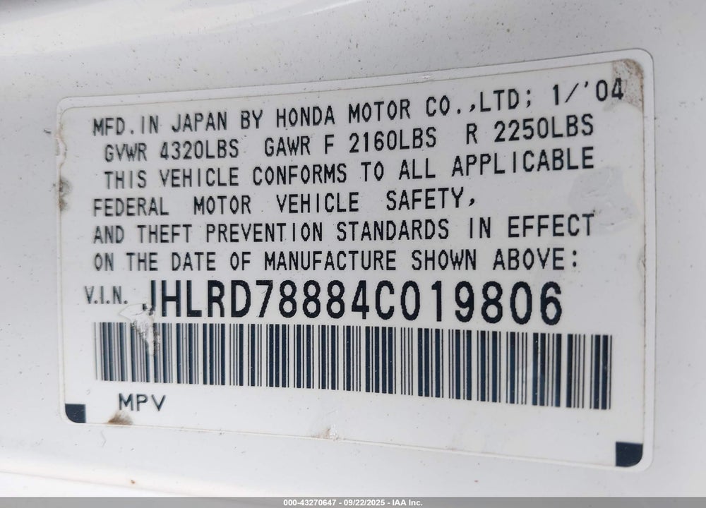 2004 HONDA CR-V EX VIN: JHLRD78884C019806