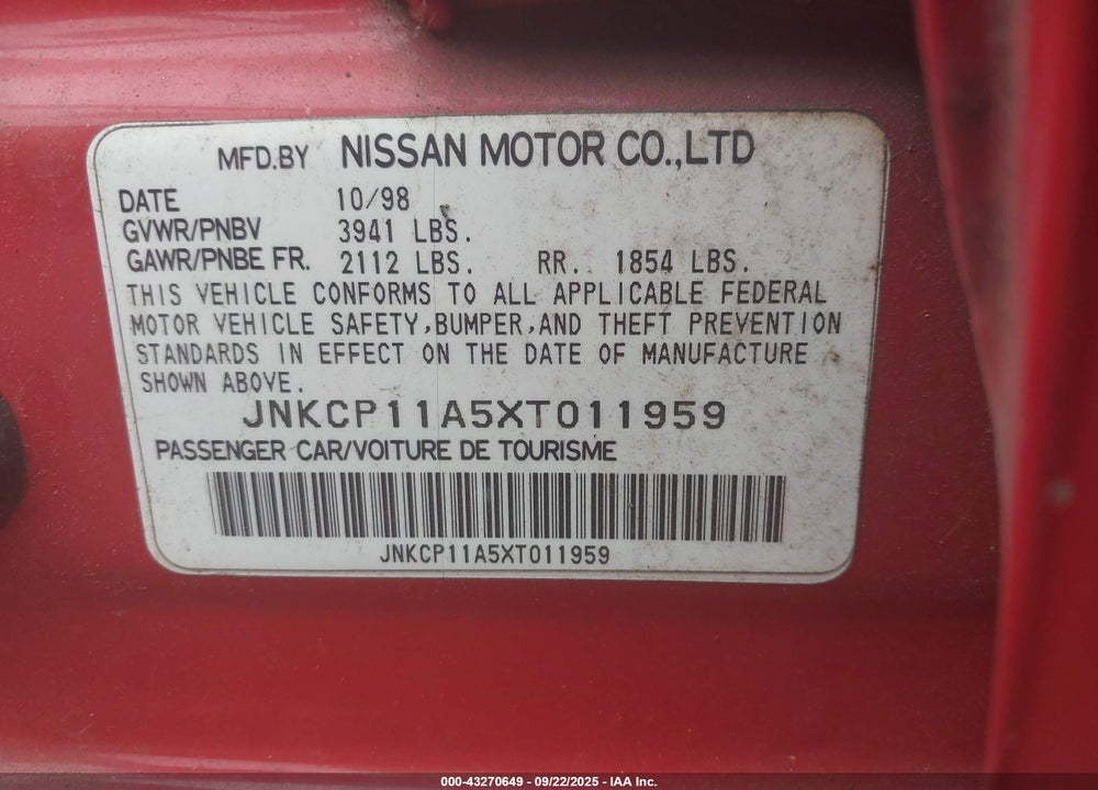 1999 INFINITI G20 STANDARD/TOURING VIN: JNKCP11A5XT011959
