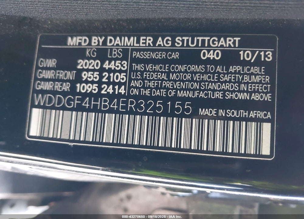 2014 MERCEDES-BENZ C CLASS VIN: WDDGF4HB4ER325155