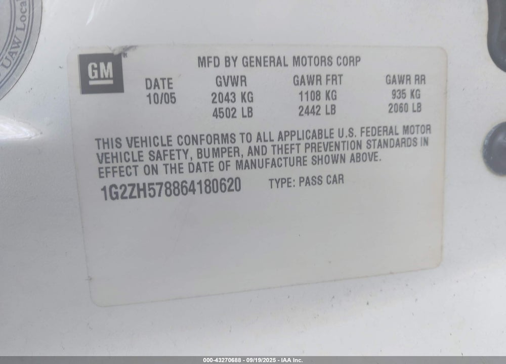 2006 PONTIAC G6 GT VIN: 1G2ZH578864180620