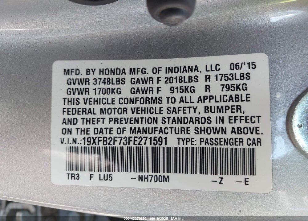 2015 HONDA CIVIC VIN: 19XFB2F73FE271591