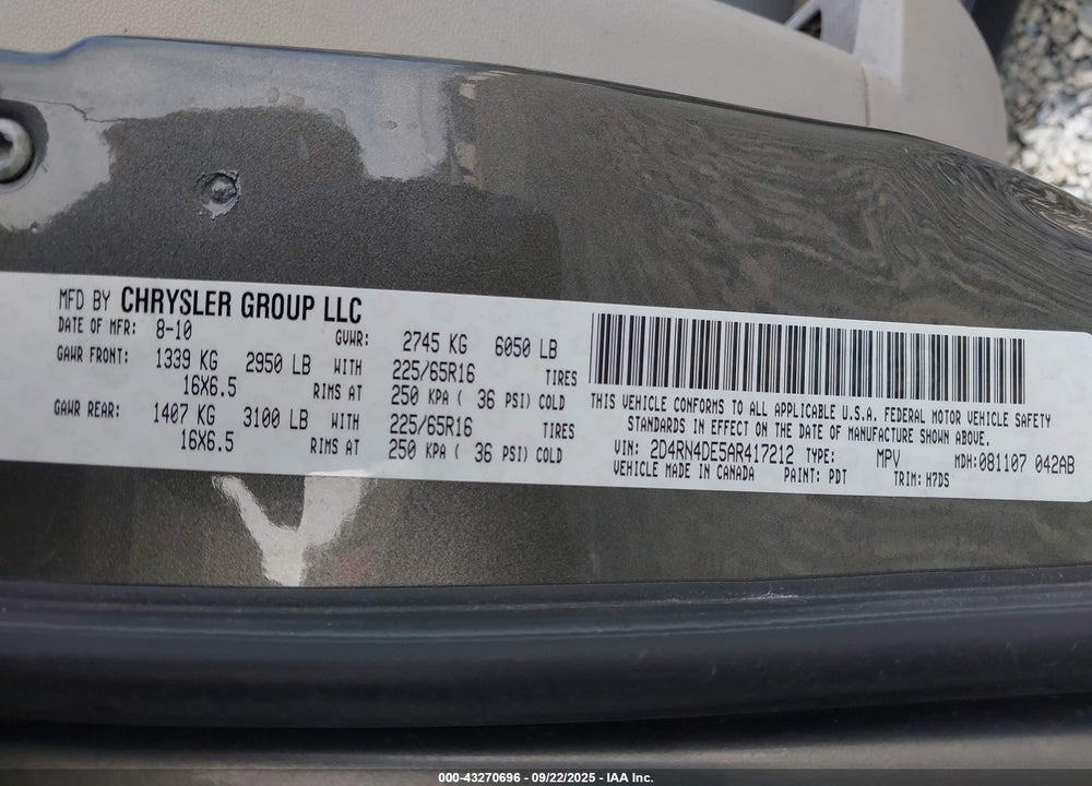 2010 DODGE GRAND CARAVAN VIN: 2D4RN4DE5AR417212