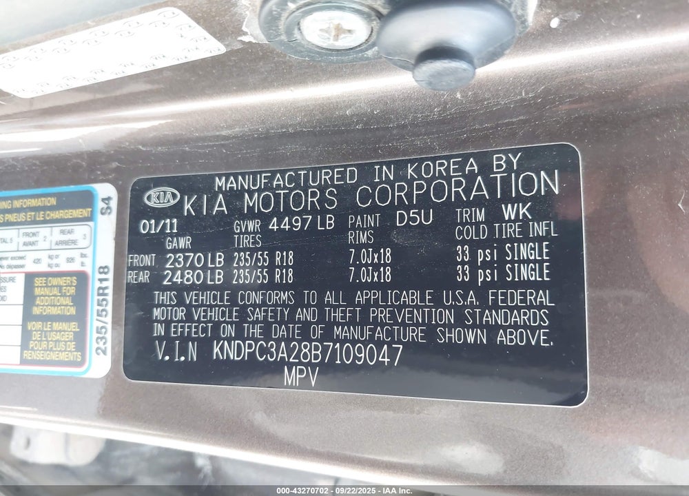 2011 KIA SPORTAGE VIN: KNDPC3A28B7109047