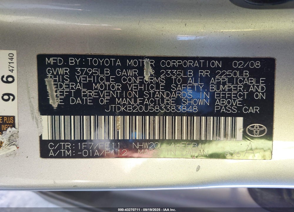 2008 TOYOTA PRIUS TOURING VIN: JTDKB20U583383848