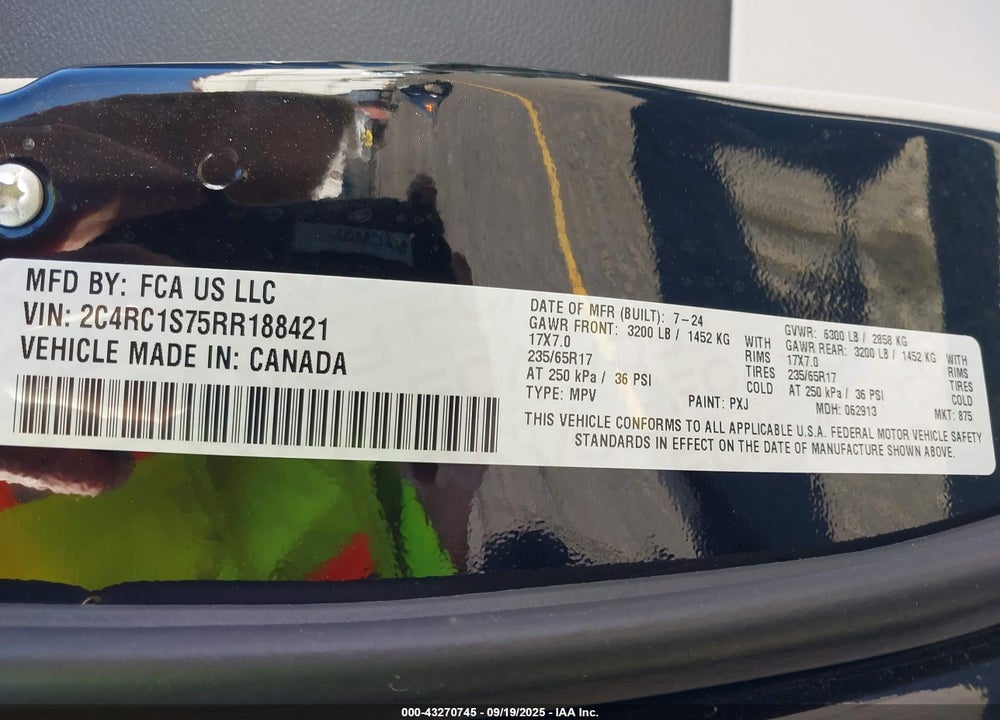 2024 CHRYSLER PACIFICA HYBRID SELECT VIN: 2C4RC1S75RR188421