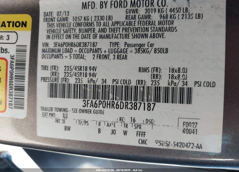 2013 FORD FUSION SE VIN: 3FA6P0HR6DR387187