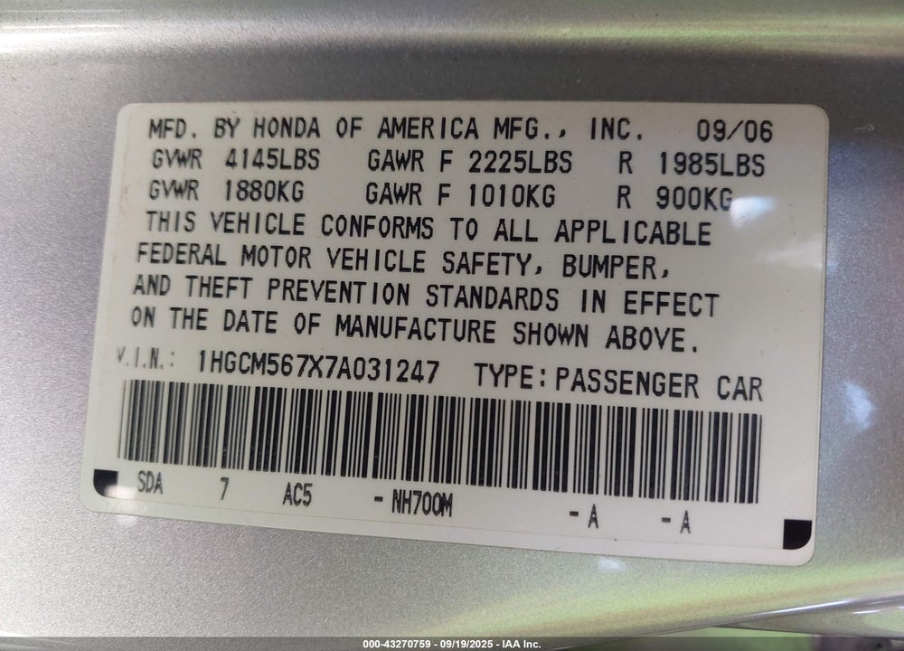 2007 HONDA ACCORD 2.4 EX VIN: 1HGCM567X7A031247