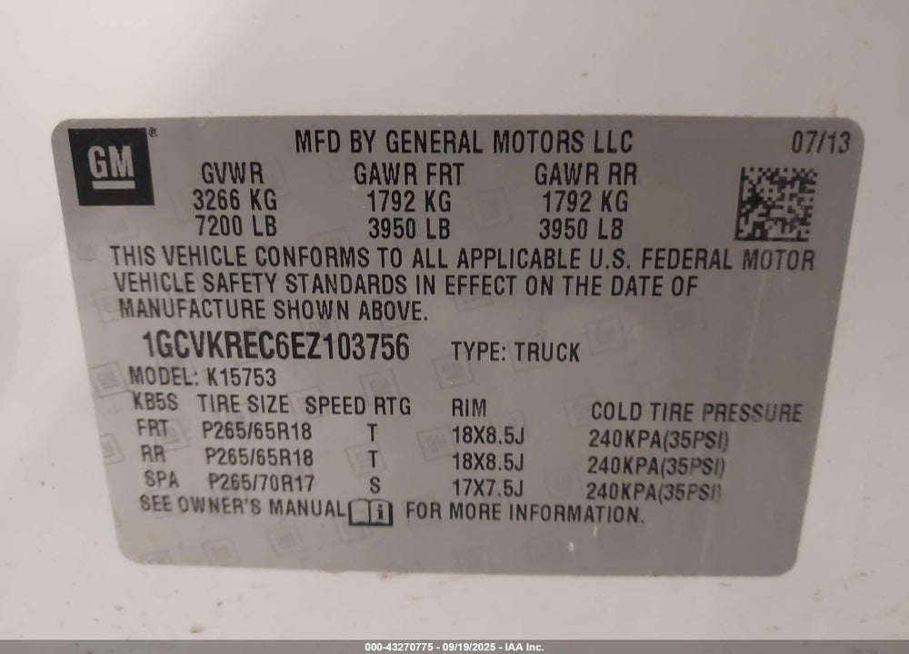 2014 CHEVROLET SILVERADO 1500 2LT VIN: 1GCVKREC6EZ103756