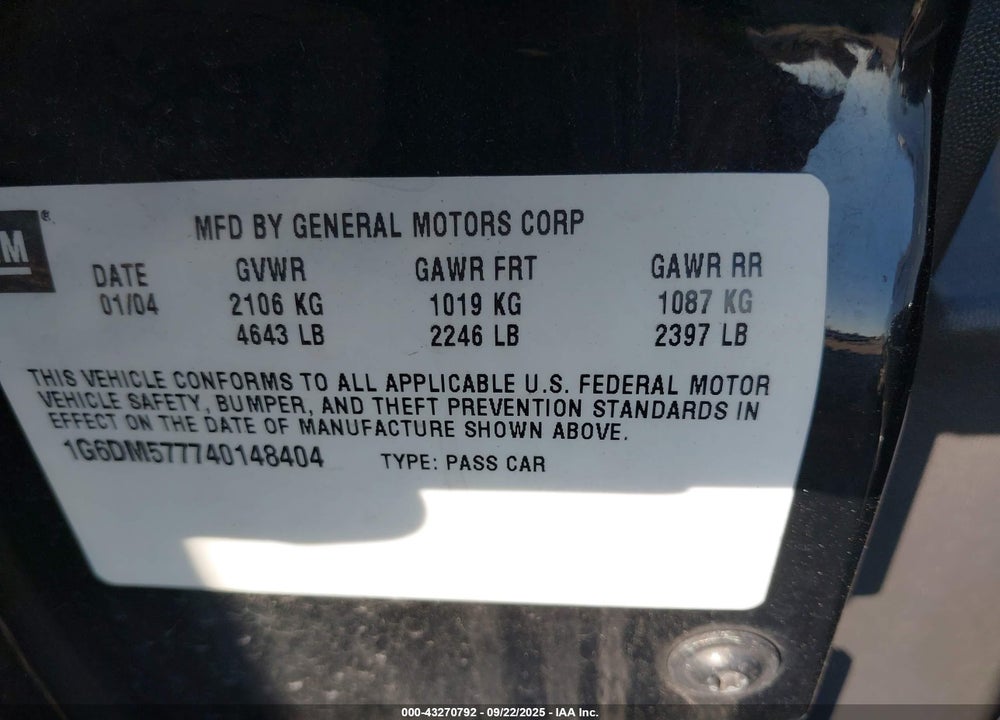 2004 CADILLAC CTS STANDARD VIN: 1G6DM577740148404