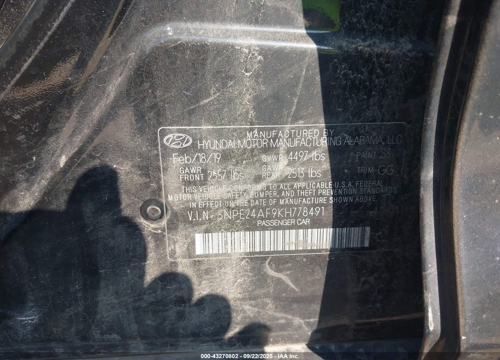 2019 HYUNDAI SONATA VIN: 5NPE24AF9KH778491