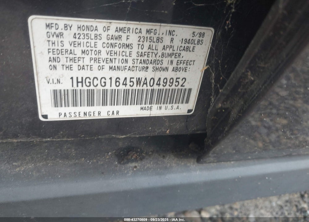 1998 HONDA ACCORD LX V6 VIN: 1HGCG1645WA049952