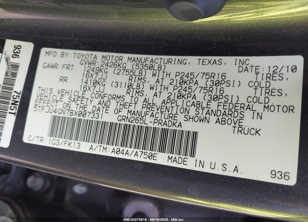 2011 TOYOTA TACOMA VIN: 5TFJU4GN7BX007331