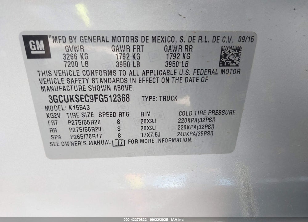 2015 CHEVROLET SILVERADO 1500 VIN: 3GCUKSEC9FG512368