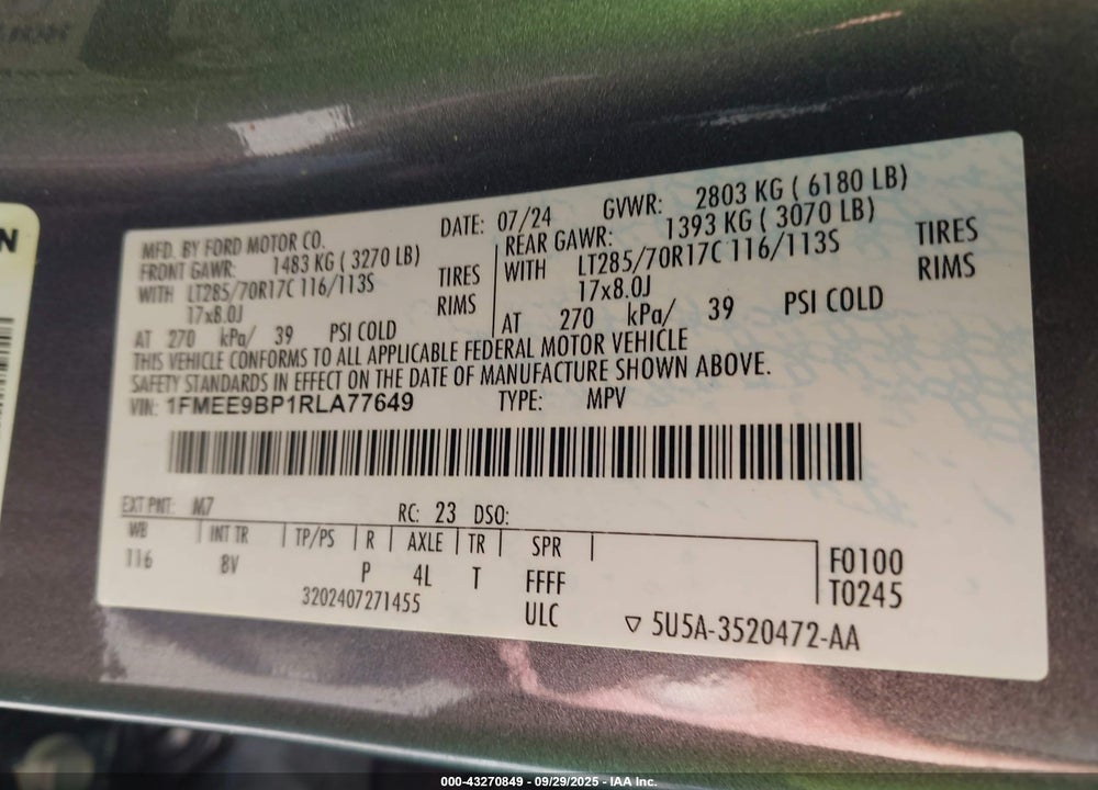 2024 FORD BRONCO VIN: 1FMEE9BP1RLA77649