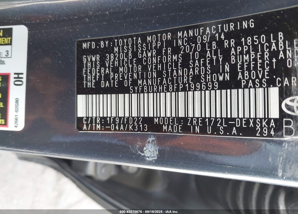 2015 TOYOTA COROLLA VIN: 5YFBURHE8FP199699