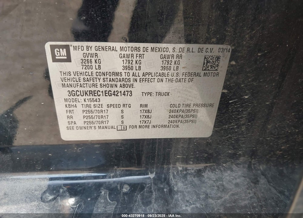 2014 CHEVROLET SILVERADO 1500 VIN: 3GCUKREC1EG421473