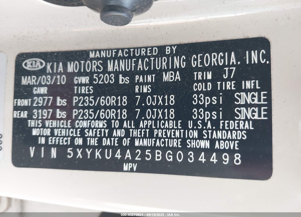 2011 KIA SORENTO VIN: 5XYKU4A25BG034498