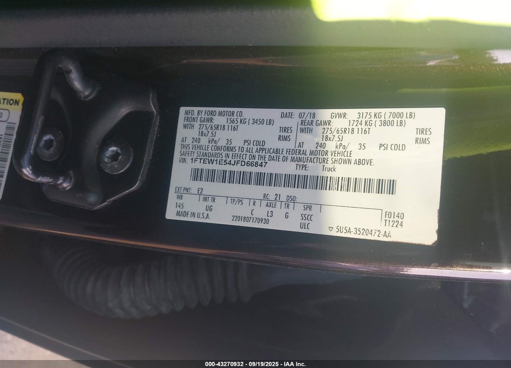 2018 FORD F-150 VIN: 1FTEW1E54JFD66847