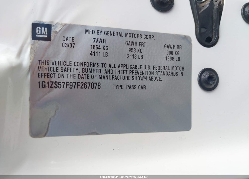 2007 CHEVROLET MALIBU LS VIN: 1G1ZS57F97F267078