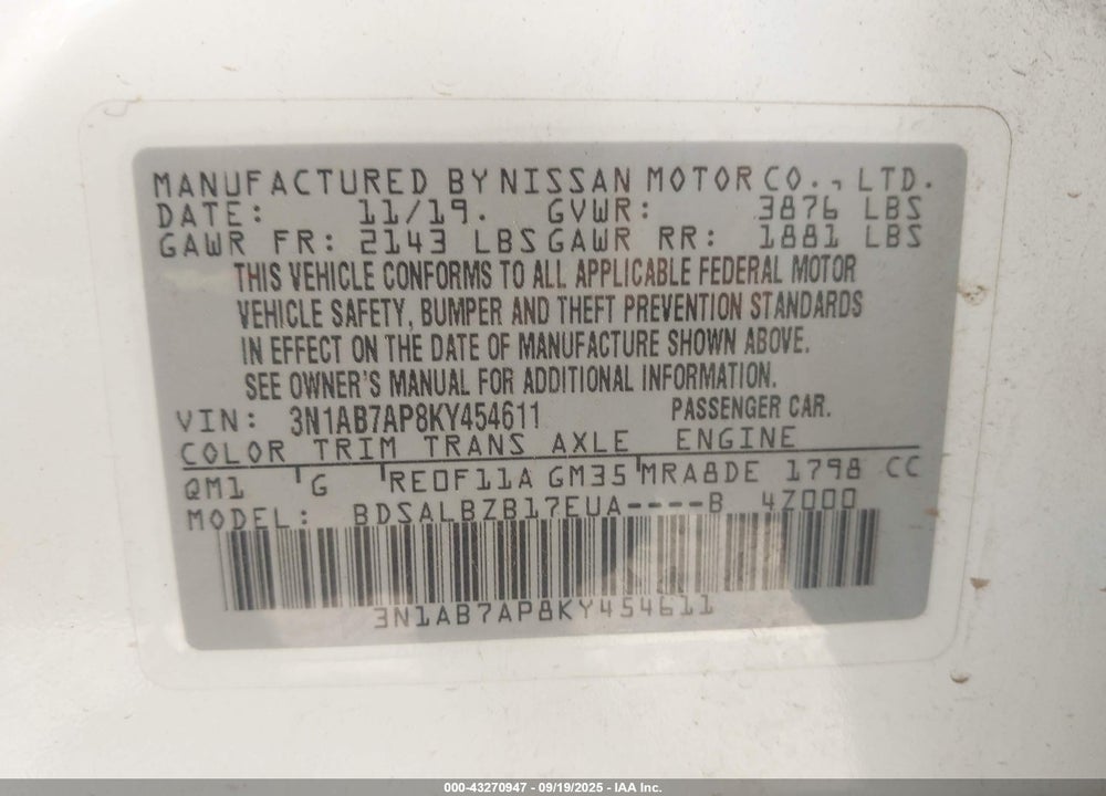 2019 NISSAN SENTRA S VIN: 3N1AB7AP8KY454611