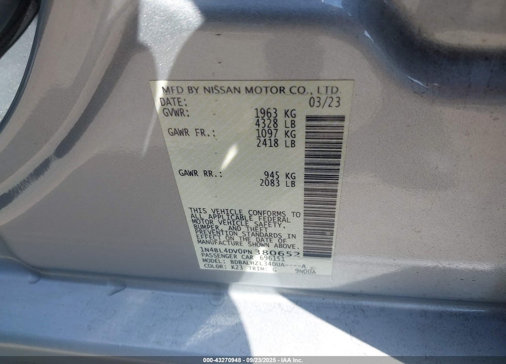 2023 NISSAN ALTIMA SV FWD VIN: 1N4BL4DV0PN380652