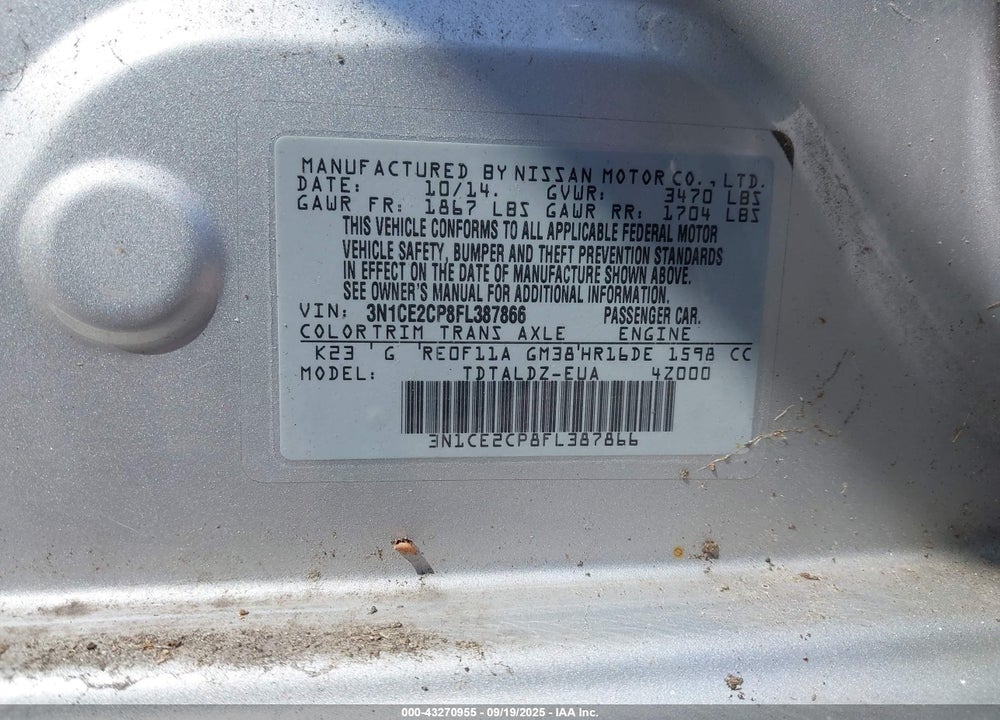 2015 NISSAN VERSA NOTE VIN: 3N1CE2CP8FL387866