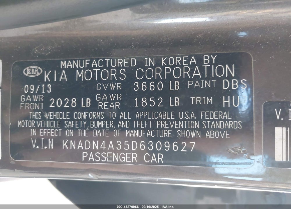 2013 KIA RIO VIN: KNADN4A35D6309627