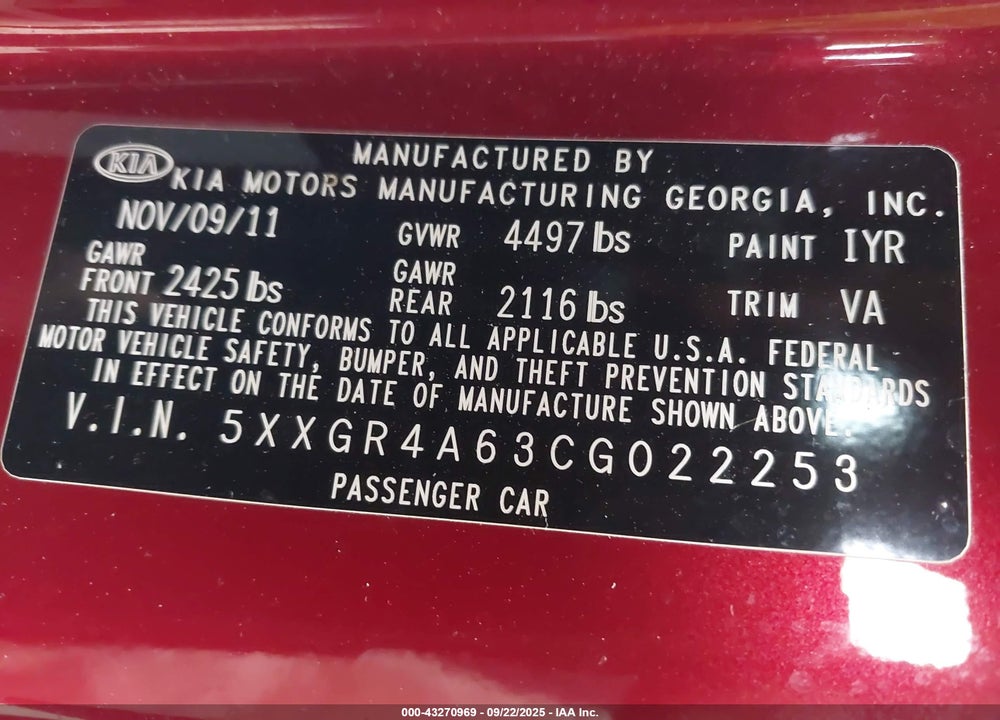 2012 KIA OPTIMA SX VIN: 5XXGR4A63CG022253