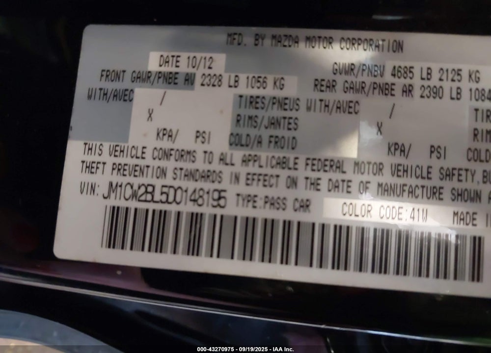 2013 MAZDA 5 SPORT VIN: JM1CW2BL5D0148195