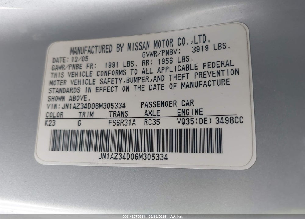 2006 NISSAN 350Z VIN: JN1AZ34D06M305334