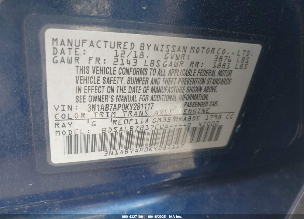 2019 NISSAN SENTRA VIN: 3N1AB7AP0KY281117
