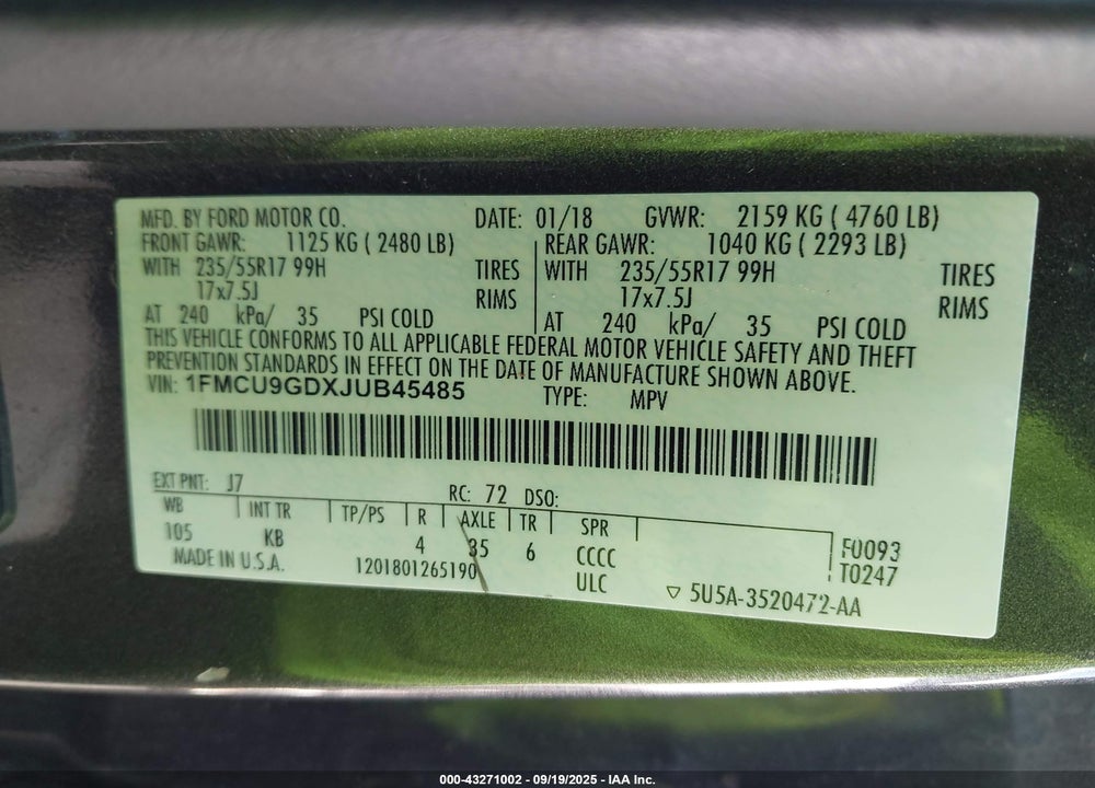 2018 FORD ESCAPE SE VIN: 1FMCU9GDXJUB45485