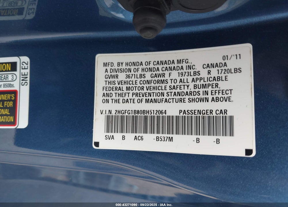 2011 HONDA CIVIC VIN: 2HGFG1B80BH512064