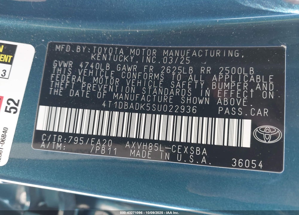 2025 TOYOTA CAMRY SE VIN: 4T1DBADK5SU022936