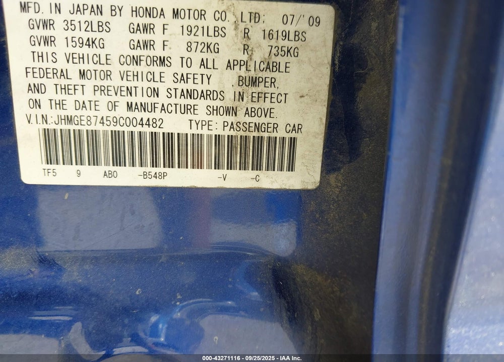 2009 HONDA FIT VIN: JHMGE87459C004482