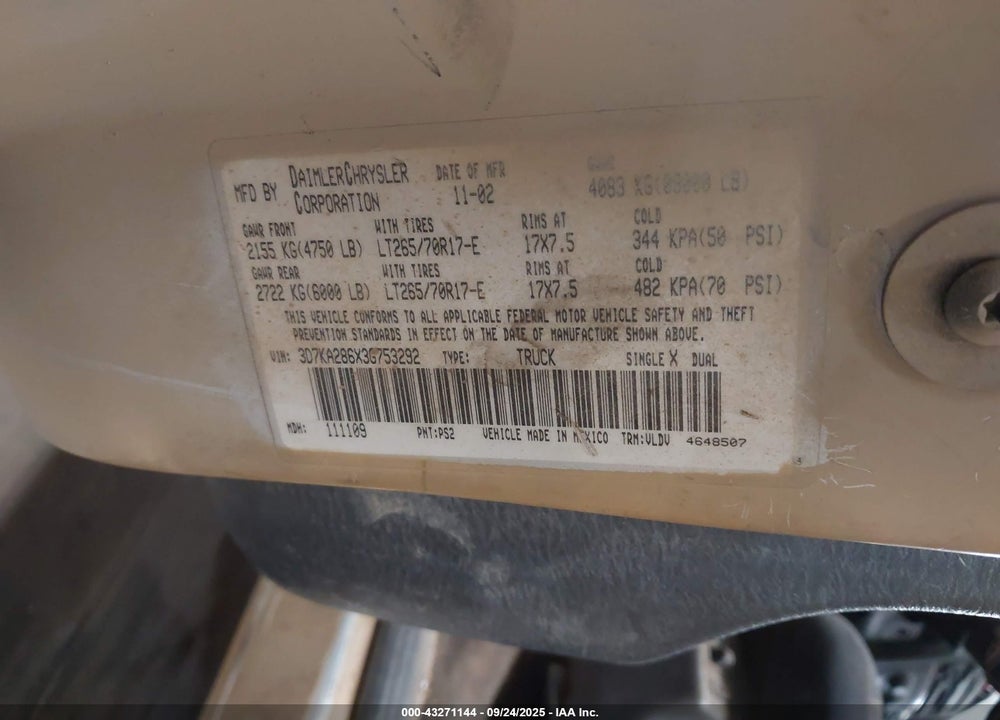 2003 DODGE RAM 2500 SLT/LARAMIE/ST VIN: 3D7KA286X3G753292