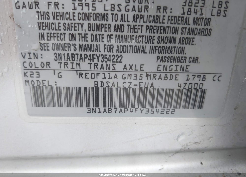 2015 NISSAN SENTRA S VIN: 3N1AB7AP4FY354222