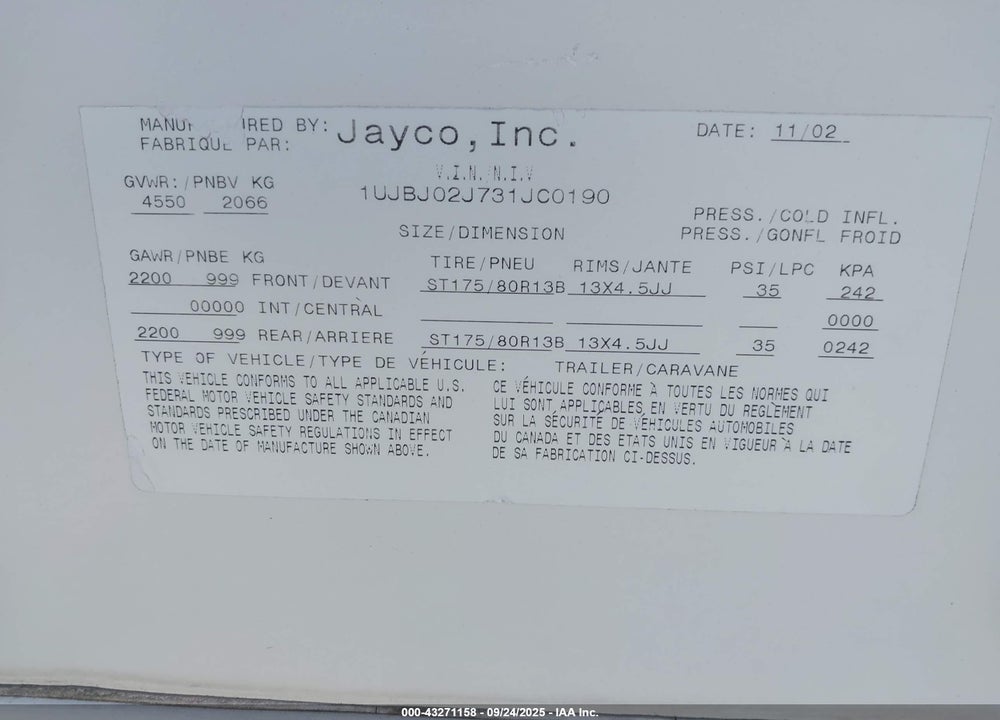 2003 JAYCO INC KIWI21C VIN: 1UJBJ02J731JC0190