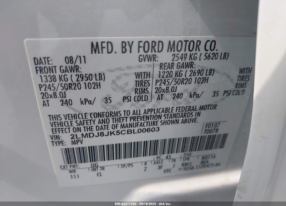 2012 LINCOLN MKX VIN: 2LMDJ8JK5CBL00603