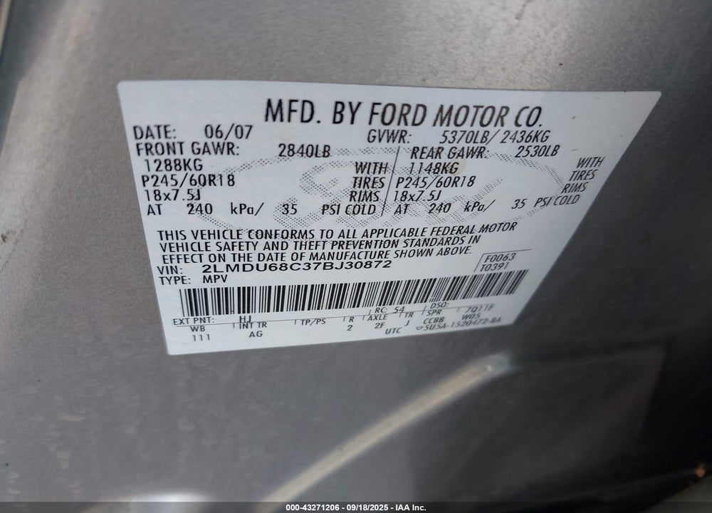 2007 LINCOLN MKX VIN: 2LMDU68C37BJ30872