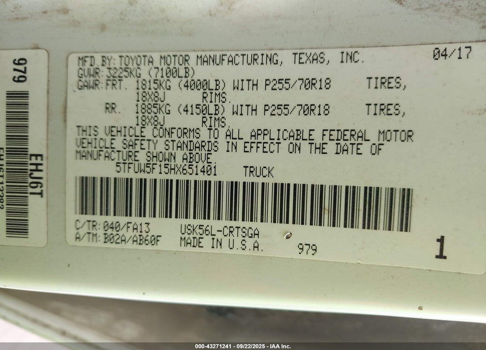 2017 TOYOTA TUNDRA VIN: 5TFUW5F15HX651401