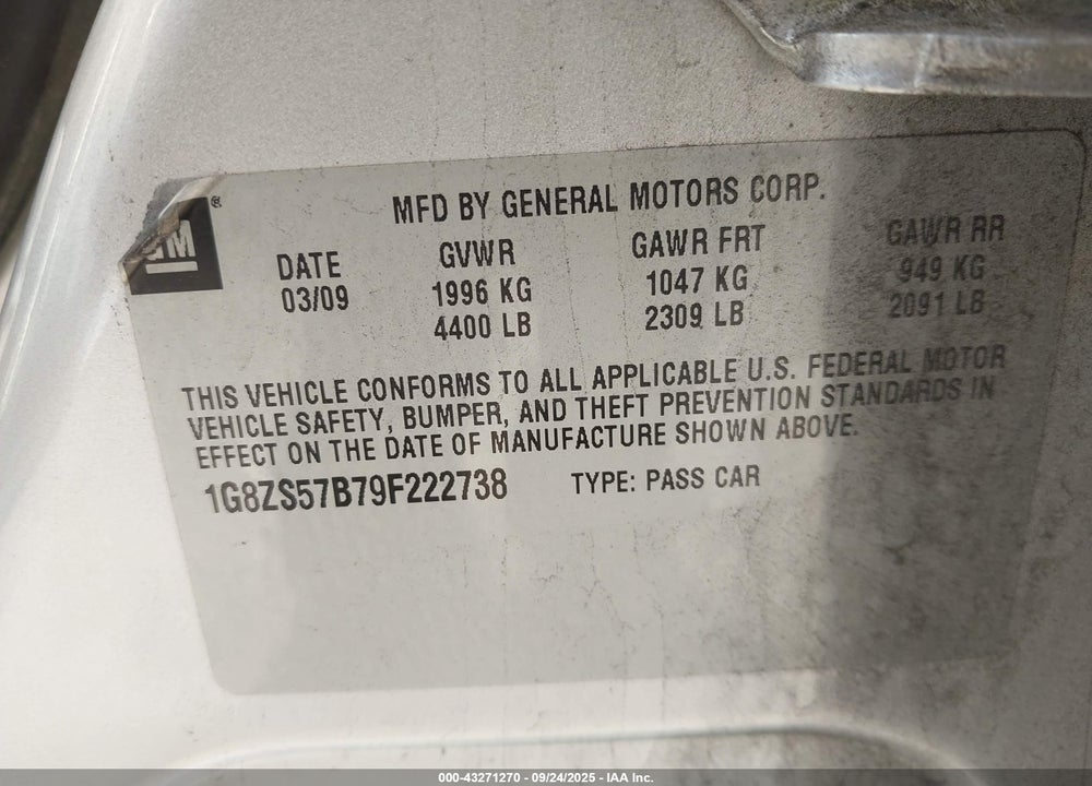 2009 SATURN AURA XE VIN: 1G8ZS57B79F222738