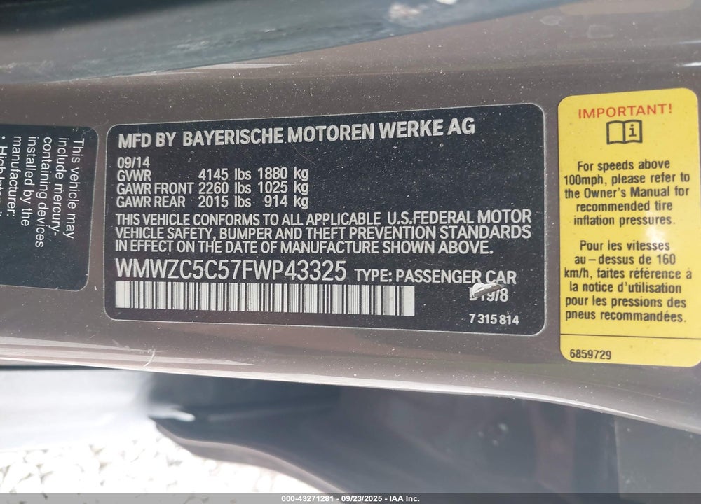 2015 MINI COUNTRYMAN VIN: WMWZC5C57FWP43325