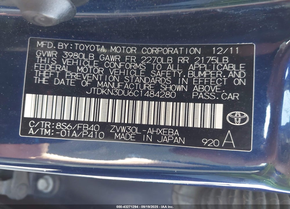 2012 TOYOTA PRIUS VIN: JTDKN3DU6C1484280
